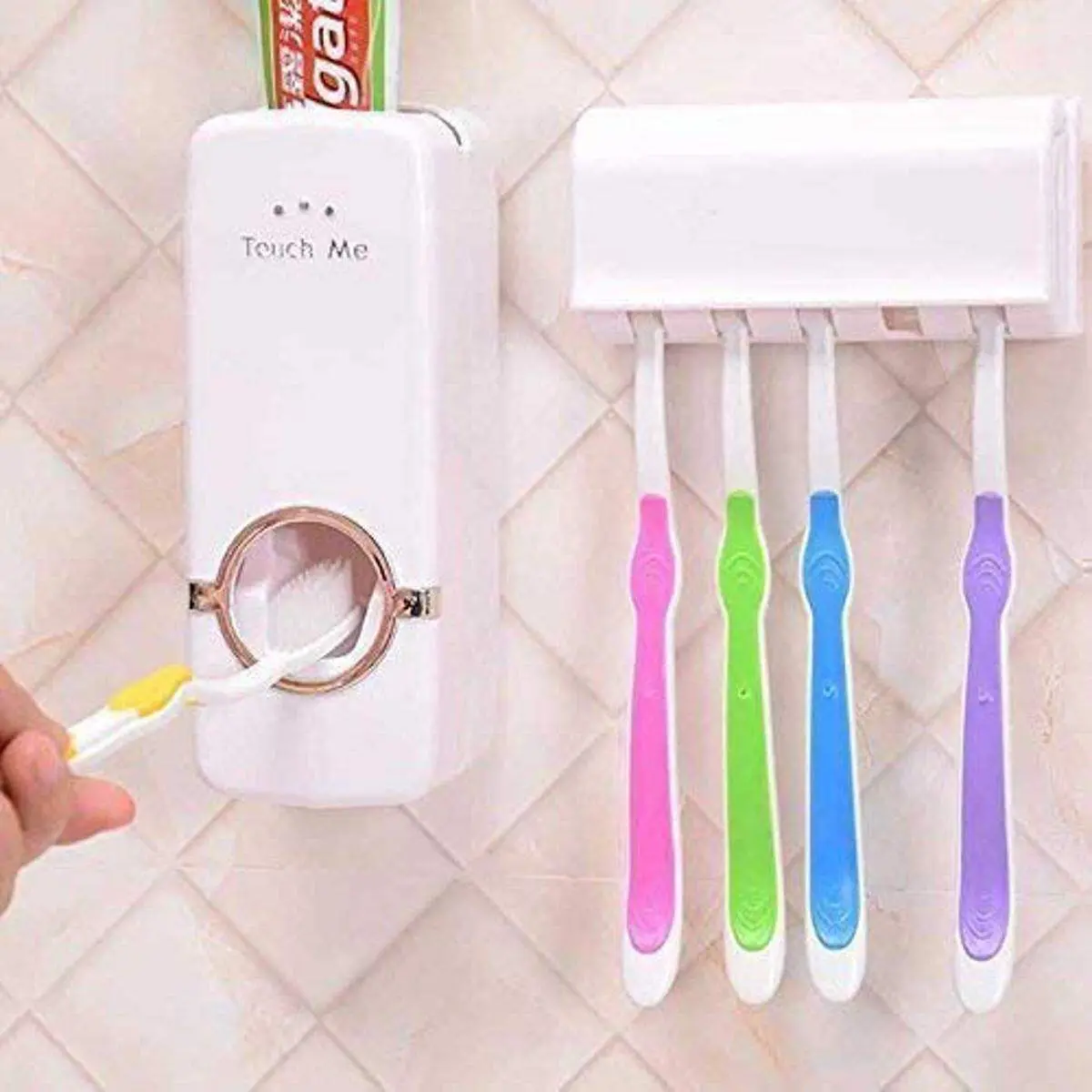 Automatic Hands-Free Wall Mounted Toothpaste Dispenser Squeezer with Detachable 5 Hole Toothbrush Holder